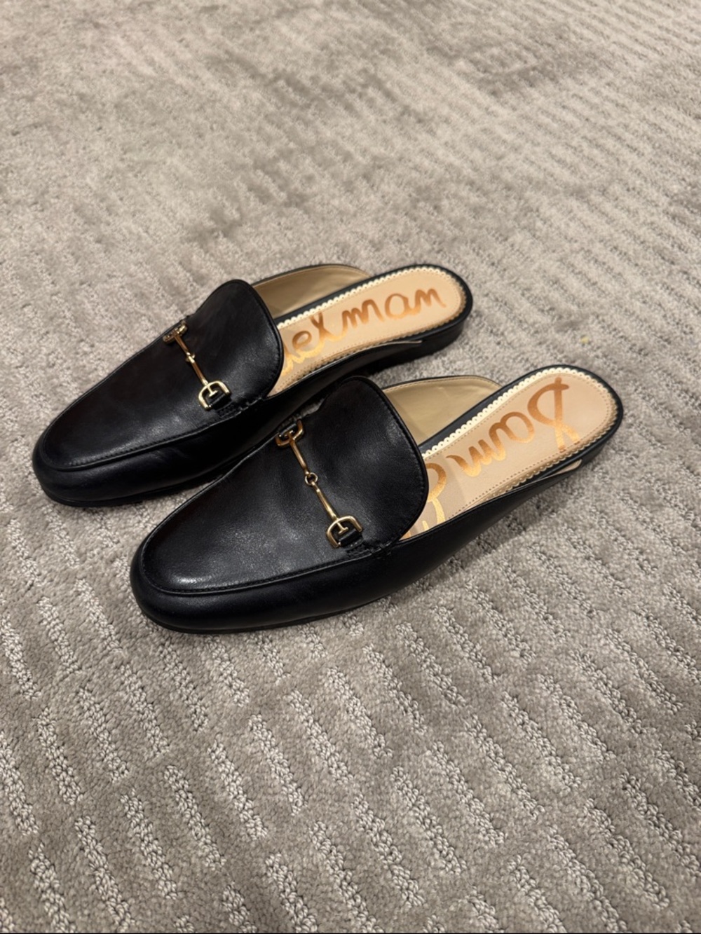 Sam Edelman Black Leather Slip-On Mules with Gold Hardware